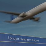 Commercial airplane taking off at London Heathrow Airport Editorial 3D rendering