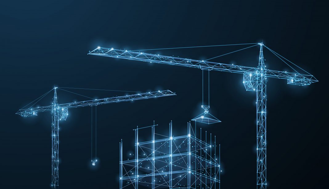 Construction. Polygonal wireframe building under crune on dark blue night sky with dots, stars. construction, Ground source heat pumps,