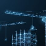 Construction. Polygonal wireframe building under crune on dark blue night sky with dots, stars.