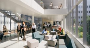 CCGI image of a new scientific centre of excellence at the Université Paris-Sud - people walking/sat in foyer