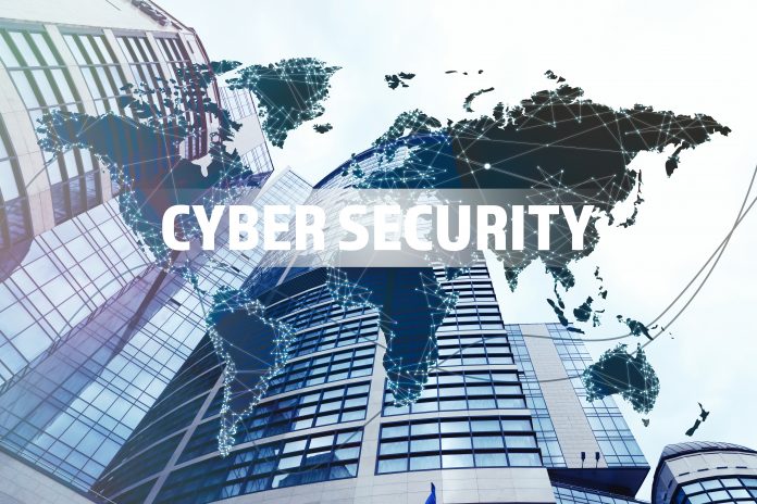 Text CYBER SECURITY, world map and modern buildings on background, construction cyber security concept