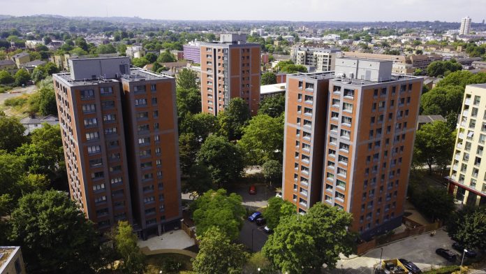 The Lewisham fire safety and improvement project replacing dangerous cladding on Hatfield Close and Gerrard House tower blocks, pictured, has been completed