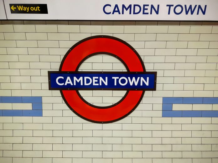 The camden town train station in London sign