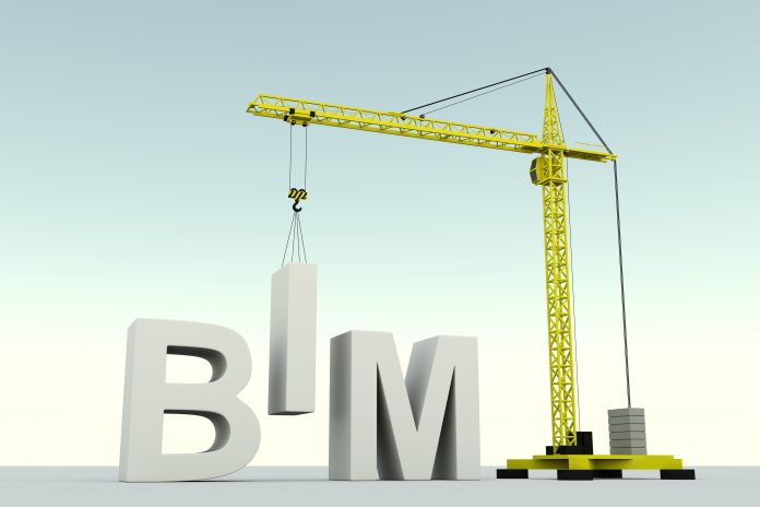 BIM certification scheme concept building crane white background 3d illustration