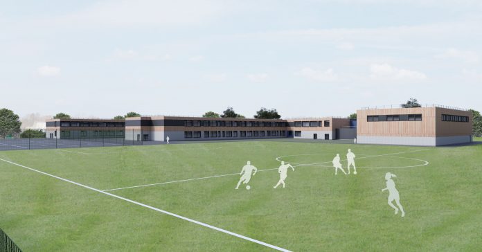 A CGI image depicting the result of modular school framework project for the offsite construction of Northampton School for Boys Multi-Academy Trust