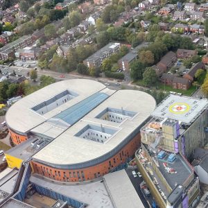 The first trauma hospital rooftop helipad can be seen on the roof of Salford Royal Hospital