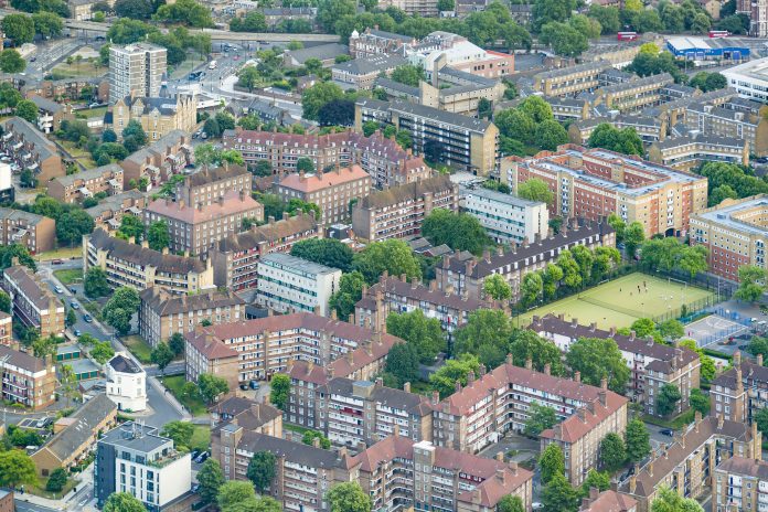 Aerial view of apartments, blocks of flats, rental property in central London, UK, building safety regime