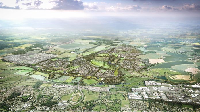 aerial view of plans proposed for Gilston Park Estate - new homes in East Hertfordshire