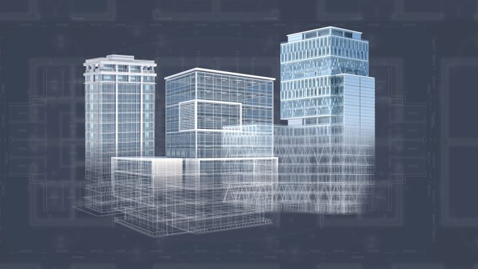 Office buildings background generated with a CAD software for architectural design, showing constuction plans, blueprint and structure. All models and plans are available in my portfolio.