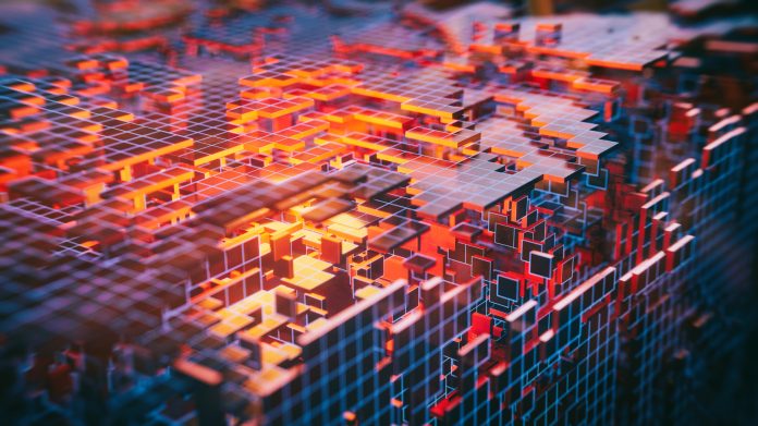 Blockchain structure to represent AI in construction - 3d rendered image.