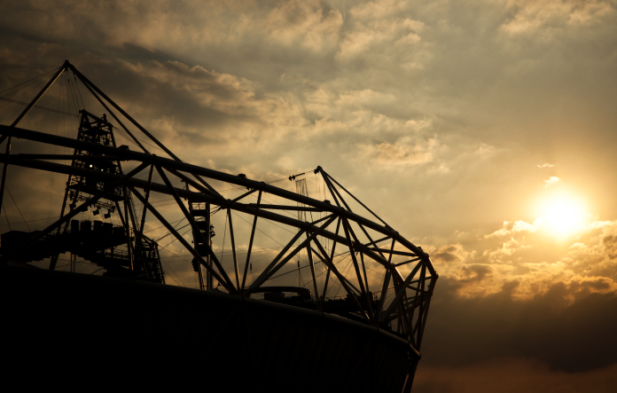 London's Olympic Stadium rooftop at sunset