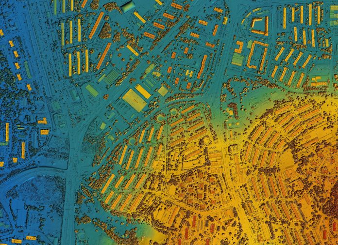 New geospatial partnership to improve urban planning Digital elevation model of a urban area. GIS product made after proccesing aerial pictures taken from a drone. It shows city area with roads, junctions and suburbs