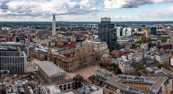 West Midlands Investment Prospectus unveils £20bn investment opportunity Birmingham, Uk - May 24, 2022. An aerial view of Victoria Square and the ancient architecture of The Council House and Town Hall in a Birmingham cityscape skyline