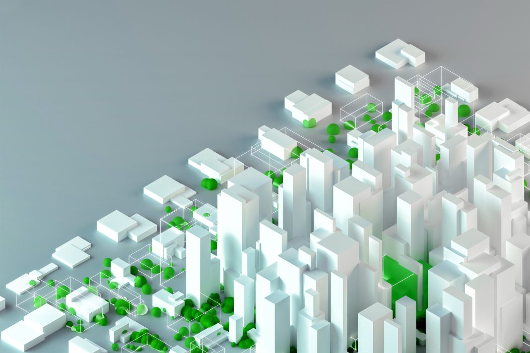 City planning project with office buildings and green areas City planning project with office buildings and residential areas surrounded by green and trees. Urban planning, real estate and facility management. Light gray background with copy space. Digitally generated image.