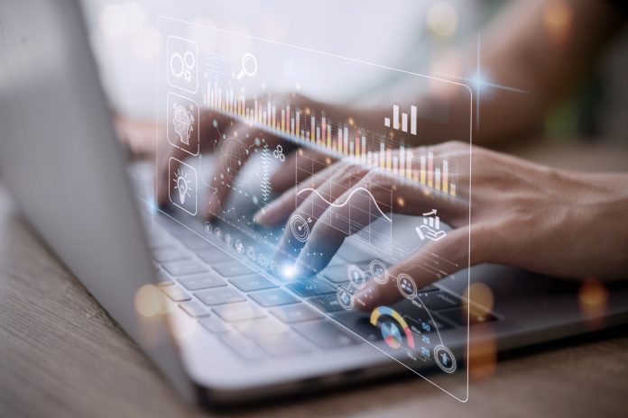 Data scientists. Man programmer using laptop analyzing and development at various information on futuristic virtual interface screen. Algorithm. marketing and deep learning of artificial intelligence