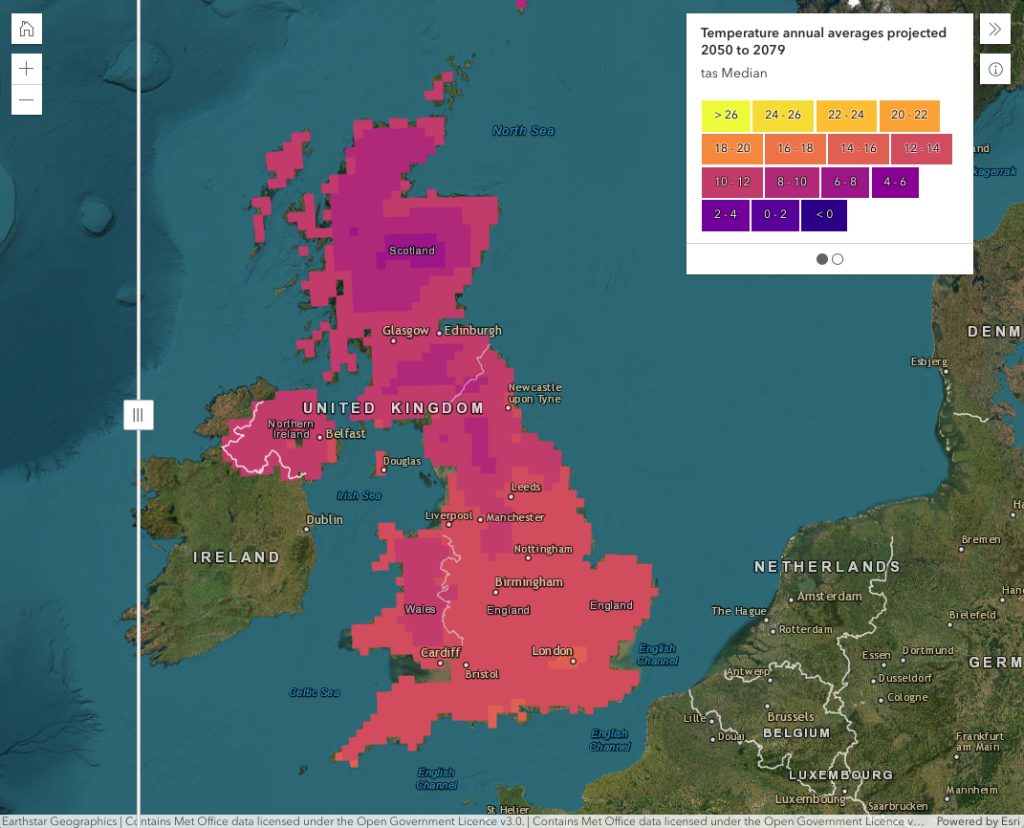 Projected annual average temp 2050-2079, from the met office data portal