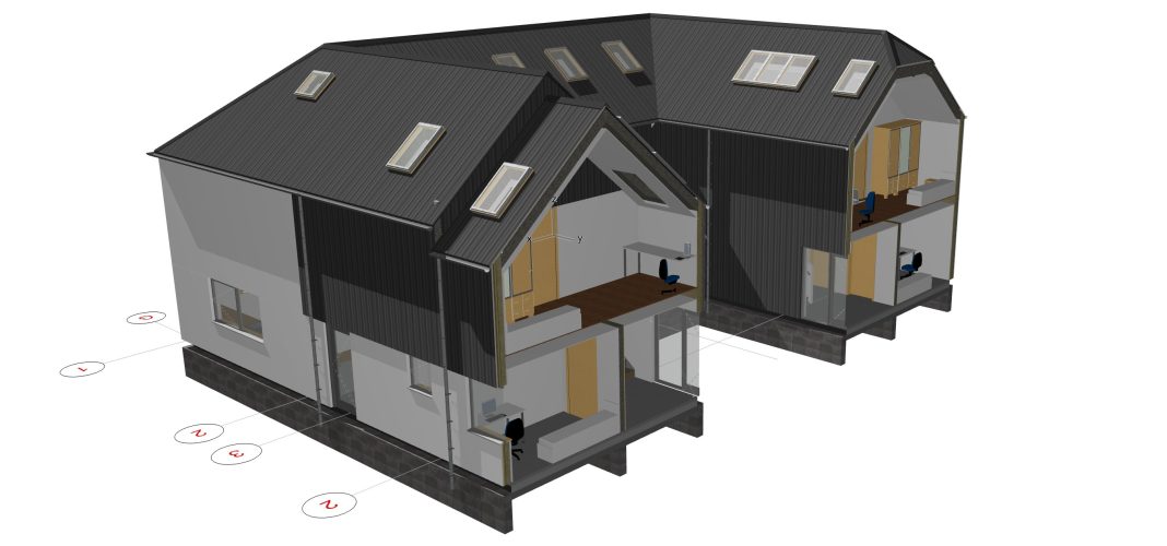 Two sustainable, low-cost and high-quality family homes have been built on the site of a former agricultural barn in south Devon
