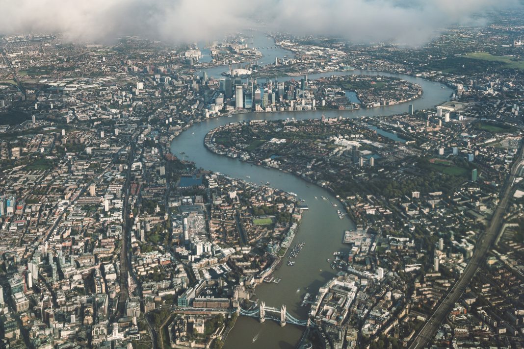Aerial view of river Thames in London from an airplane.