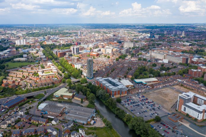 Leicester city-wide improvement programme enlists Pick Everard Aerial photo of the city centre of Leicester in the UK showing houses and apartment building on a sunny summers day, where the city-wide improvement programme will take place