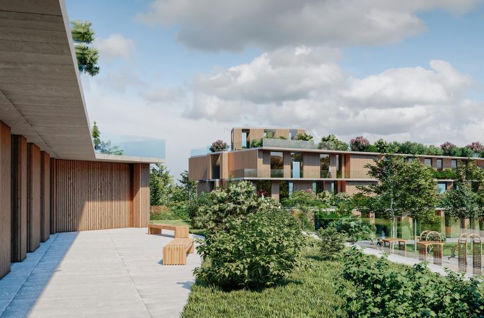 Architectural 3D Image of a modern university campus 3d rendering of modern university building. Computer generated image of a modern building facade with benches on paved pathway and garden. Architectural illustration of a school campus, representing higher education decarbonisation