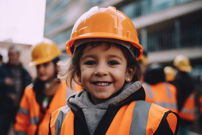 Portrait of a child construction worker wearing hard hat. Generative ai representing offsite insolvencies