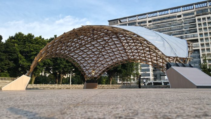 Image of bio-based construction engineered bamboo-timber composite gridshell