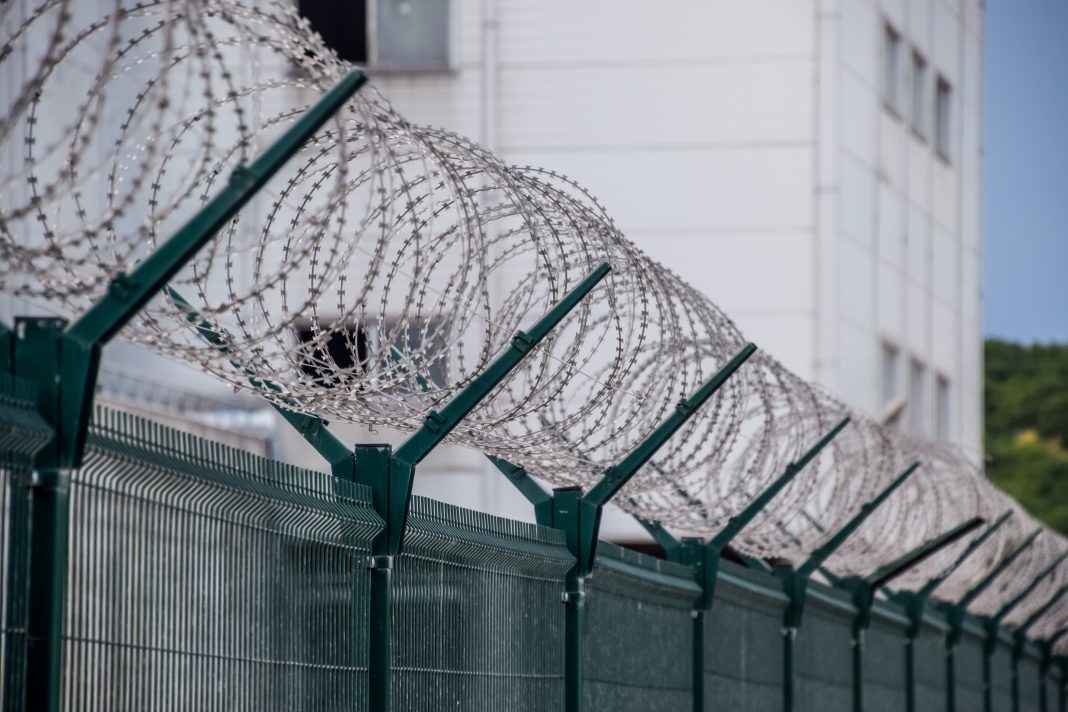 Swirls of barbed wire over the fence. The fence symbolizes prison, non-freedom, totalitarianism and prohibitions, and the net zero prison estate
