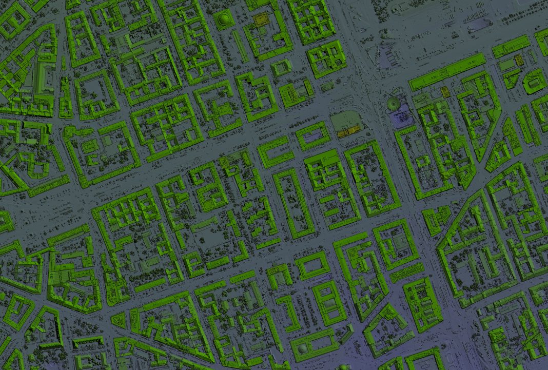 Map of urban city area with coloured geospatial data for GIS usage Digital elevation model of a urban area. GIS product made after proccesing aerial pictures taken from a drone. It shows city area with roads, junctions and suburbs representing location data