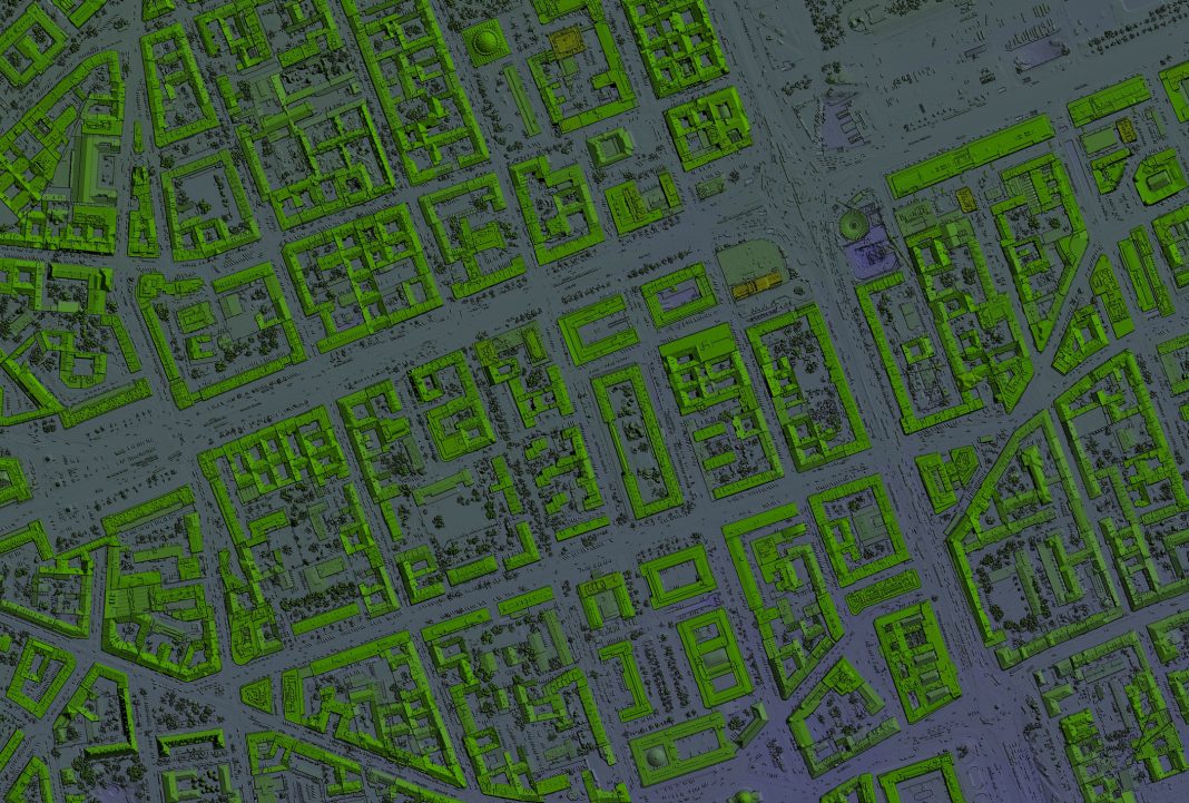 Digital elevation model of a urban area. GIS product made after proccesing aerial pictures taken from a drone. It shows city area with roads, junctions and suburbs representing location data