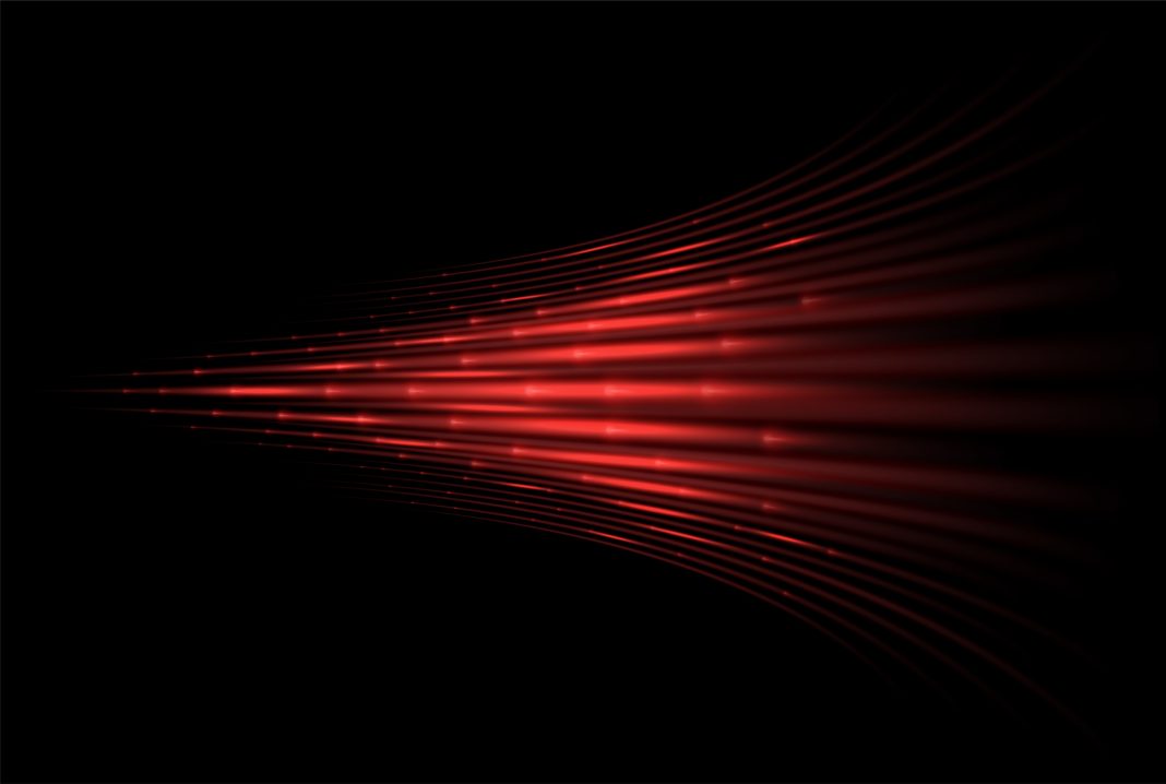 Red laser beams. Speed, supersonic wave. Twinkling light effect. Warm or hot air flow. Isolated vector illustration, representing infrared eco-heating innovation
