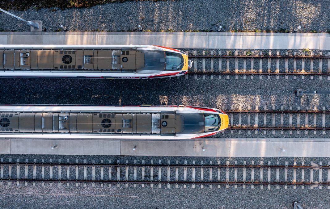 Doncaster, UK - October 13, 2022. An aerial view of Hitach Azuma diesel electric fleet of high speed passenger trains at the LNER maintenance depot in Doncaster UK, representing the DfT STARThree Framework