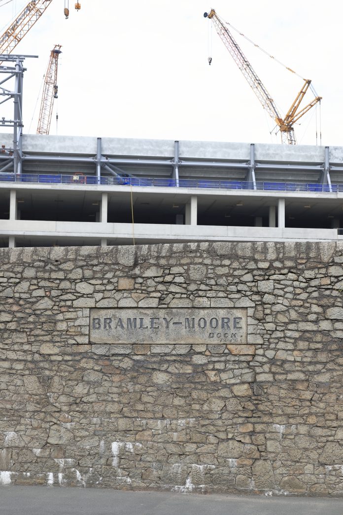 Laing O’Rourke suspends construction at Everton Stadium following death of worker Liverpool, England - June 11: The new stadium for Everton Football Club rises above the walls of Bramley Moore dock, Liverpool waterfront on June 11, 2023. The stadium is due for completion in 2024.