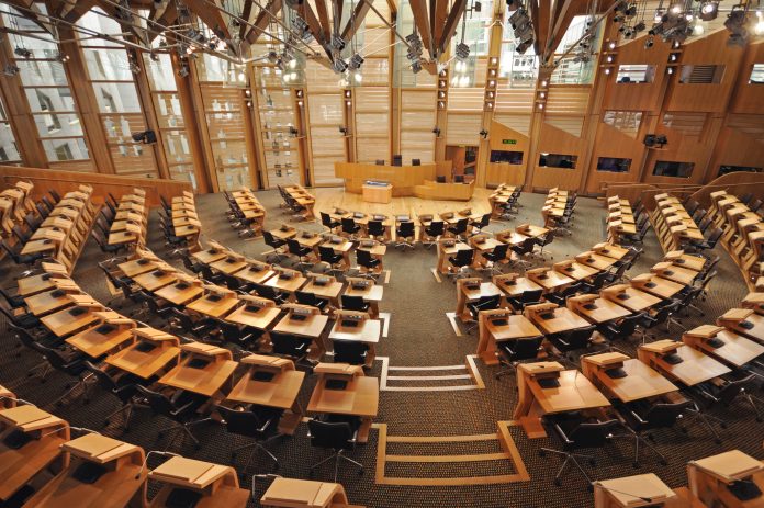 Wide angle view of the Scottish Parliamentary Building, Edinburgh, Scotland, UK. Representing net zero economy