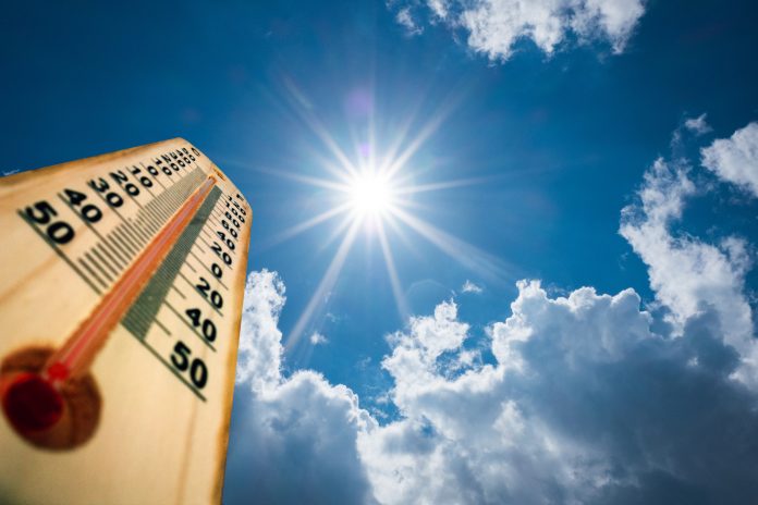 Thermometer Sun high Degres. Hot summer day. High Summer temperatures Thermometer Sun 40 Degres. Hot summer day. High Summer temperatures