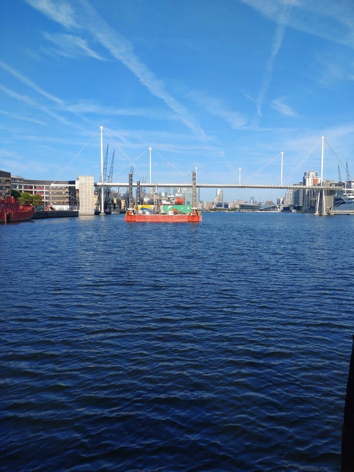 Royal Victoria Dock cycle bridge works continue with barge-based investigations Structural Soils conducted the latest round of site investigations from a barge for the planned Royal Victoria Dock cycle bridge
