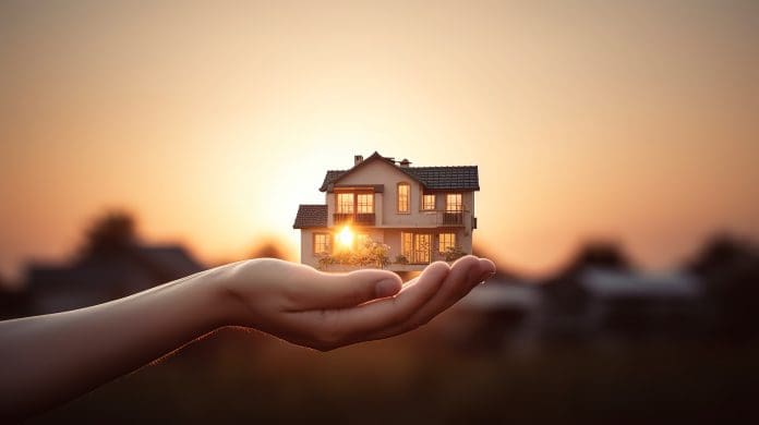 My precious home on the hands of a happy family and real estate investment and housing architecture and sunset background