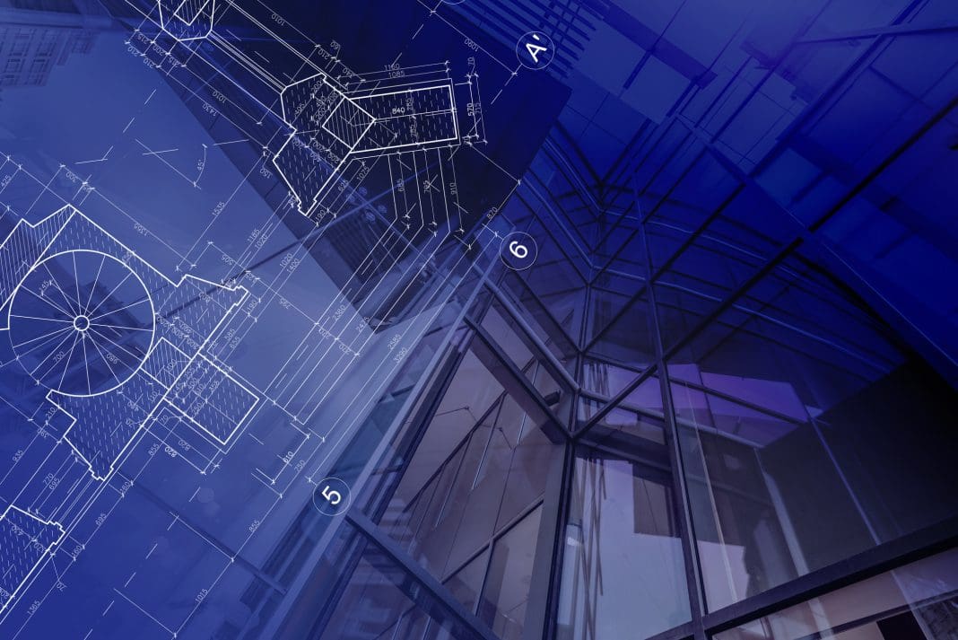 Image composition of Modern glass office building and architectural drawings over imposed. wide angle view looking up. Architectural background, representing 4D BIM