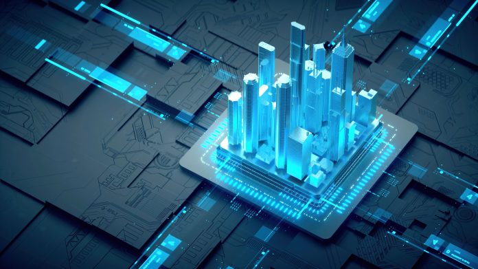 3D rendering of cyberpunk AI. Circuit board. Technology background. Central Computer Processors CPU and GPU concept. Motherboard digital chip. Tech science background.