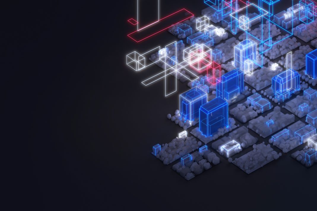 Innovation and creativity: futuristic smart city with abstract buildings surrounded by floating vectors and shapes, illuminated like laser or neon geometries, resembling computer data or virtual worlds. Dark background with copy space. Digitally generated image.