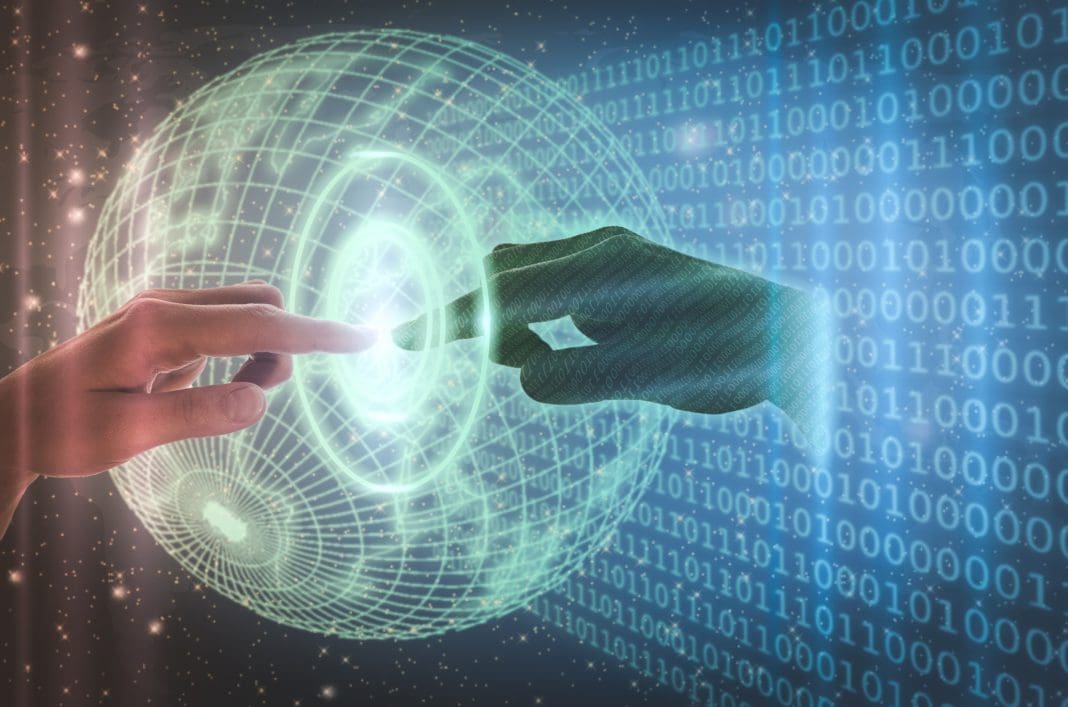Hand touches AI artificial intelligence, digital data and future technology. Futurism, robot computer software, digital twin, blockchain, virtual technology.