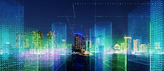 The new Turing Research & Innovation Cluster in Digital Twins Futuristic city concept.