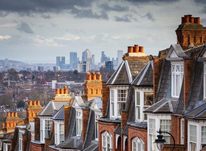 The red brick Victorian row houses of Muswell Hill with panoramic views across to the skyscrapers and financial district of the city of London, in this article from build warranty