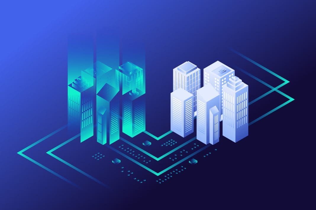 Digital Twins Technology Illustration, future of building construction, architects and engineers