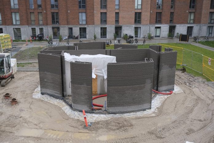 First low CO2 concrete building 3D printed in Copenhagen made by 3DCP Group – a 72 m2 (775 SF) community building.