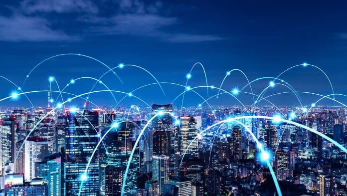 How can enhanced connectivity ensure our buildings are digitally fit for the future? Smart city and communication network concept. 5G. LPWA (Low Power Wide Area). Wireless communication.