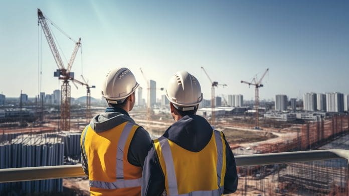 Construction worker and engineer wearing safety gear looking for blueprints in high rise building construction site with tower crane. Construction worker and engineer wearing safety gear looking for blueprints in high rise building construction site with tower crane.
