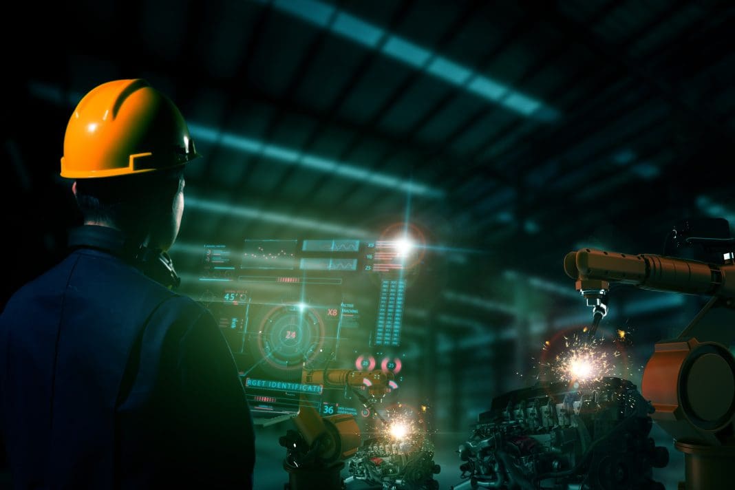 Futuristic Technology in smart automation industrial high efficiency using ai artificial intelligence, machine learning, digital twin, 5g, big data, iot, augmented mixed virtual rality, ar, vr,robot