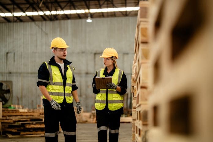 workers man and woman engineering walking and inspecting timbers wood in warehouse. Concept of smart industry worker operating. Wood factories produce wood palate. Representing materials procurement