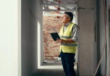 Designing homes with MMC for the Future Homes Standard Construction site, project management and man planning tablet ideas, architecture vision and industrial logistics on property building. Engineering contractor, digital development and tech innovation representing MMC