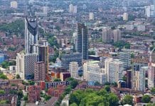 Enhancing fire safety: Non-combustible FOAMGLAS® inverted roof insulation London, UK - aerial view of Elephant And Castle area in Southwark.